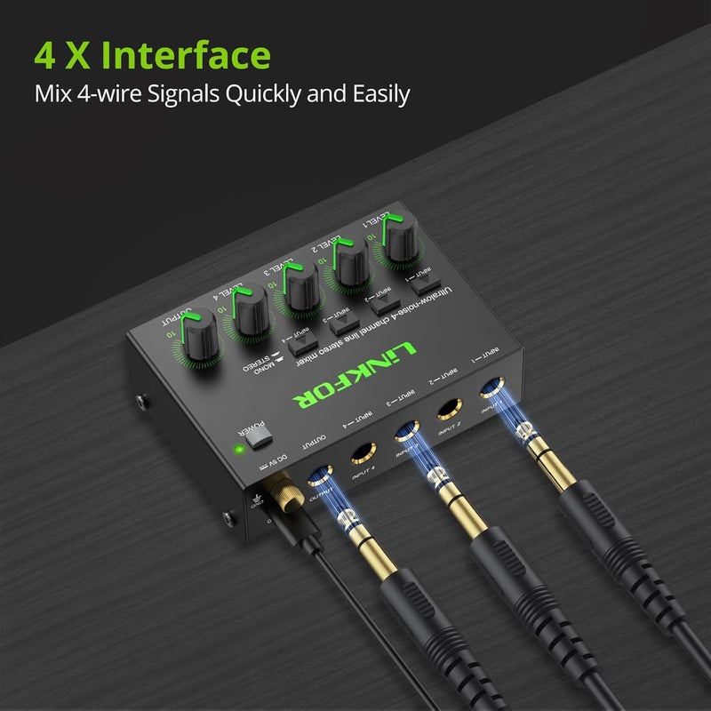 LiNKFOR 4 Channel Stereo Audio Mixer CX400 Metal Shell Support RCA Input and Output Mini Passive Stereo Mixer with Separate Volume Controls (6.35mm 4 Channel With RGB light) - Image 4
